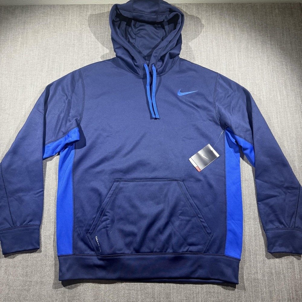 Nike Hoodie Mens Large Blue Therma-Fit Pullover Fleece Swoosh Kangaroo Pocket